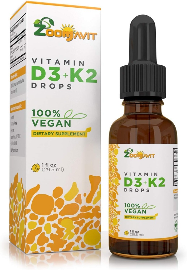 Vitamine liquide végétalienne D3 K2 (MK7) - Vitamine liquide D 100 % végétale améliorée avec de l'huile de coco pour l'absorption maximale - 1 portion = 1000 UI VIT D3 et 200 mcg VIT K2