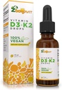 Vitamine liquide végétalienne D3 K2 (MK7) - Vitamine liquide D 100 % végétale améliorée avec de l'huile de coco pour l'absorption maximale - 1 portion = 1000 UI VIT D3 et 200 mcg VIT K2