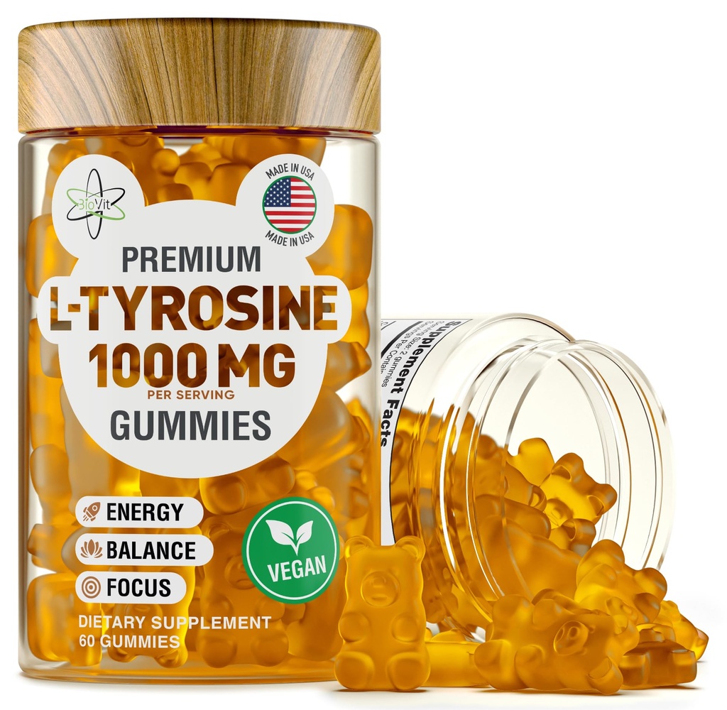 BioVit L Gommies de Tyrosine - Supplément de Tyrosine Amino Acid L activé - Focus naturel, complément d'humeur et d'énergie pour les enfants et les adultes - L-Tyrosine 1000MG par portion, 500MG par Gummy - 60 Gommies végétaliens