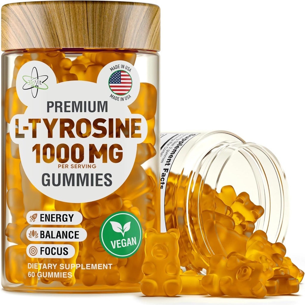 BioVit L Tyrosine Gummies - Activated Amino Acid L Tyrosine Supplement - Natural Focus, Mood and Energy Supplement for Kids & Adults - L-Tyrosine 1000MG per Serving, 500MG per Gummy - 60 Vegan Gummies