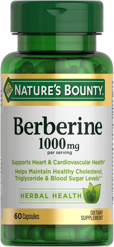 NatureS Bounty Berberine 1000mg Capsules, soutient la santé cardiaque, le cholestérol et les niveaux de sucre dans le sang dans une gamme normale, Supplément non OGM, 60 Compte