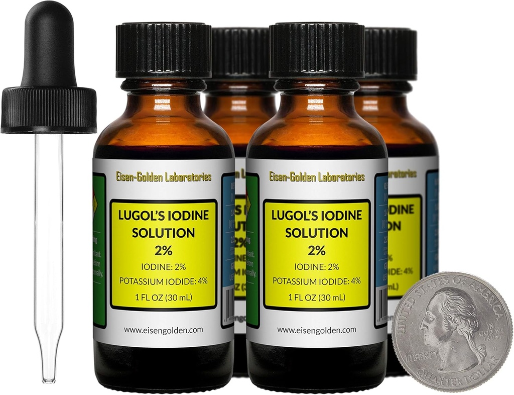 Lugol's Iodine / 2% Solution / 4 Oz in Four Amber Glass Bottles/Free Droppers/USA