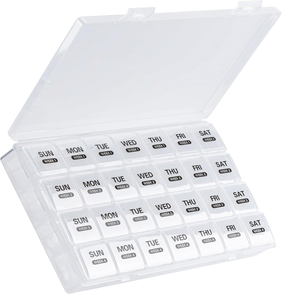 Monthly Pill Organizer, 28 Day Pill Box 1 fois par jour avec le cas de la poussière-proof, grand 4 semaines par mois contenant le cas de la pilule, boîte quotidienne de vitamine pour les pilules/médecine/huile de poisson/compléments (blanc)