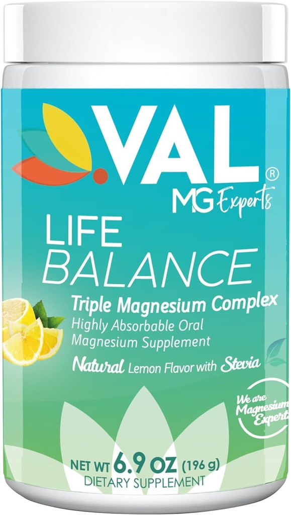 Poudre complexe VAL Triple Magnésium – Citrate, Glycinat, Taurat – Boissons anti-stress – Saveur de citron naturelle – 400mg Magnésium, Vitamine B6 – 6,9 Ounce - 70 portions (paquet de 1)