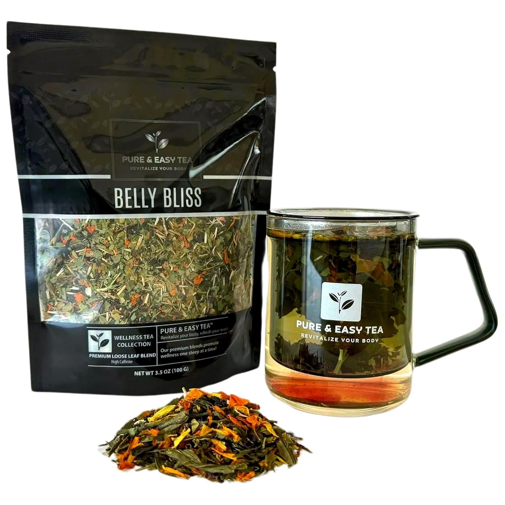 Thé pur et facile, Belly Bliss, Detox naturel & Thé de soulagement de ballonnement, 100% naturel minceur de feuille avec Yerba Mate, Dandelion Leaf, caféiné, 30 jours d'approvisionnement, 100g