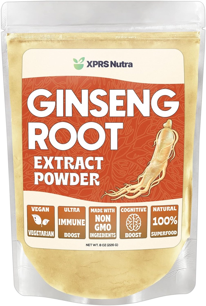 XPRS Nutra Ginseng Root Extract Powder - Ginseng Powder supporte la fonction cognitive, la performance physique et le système immunitaire - Panax Ginseng végétalien amical sous forme de poudre (8 once)