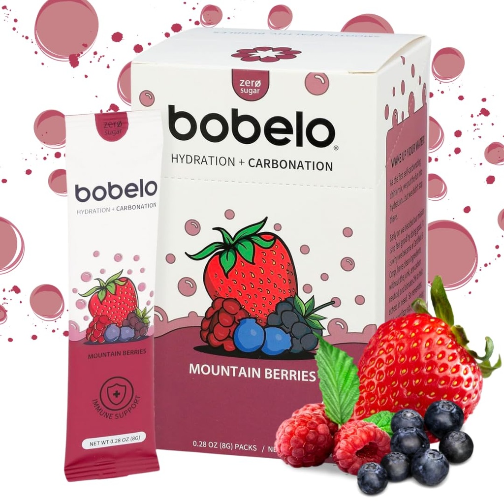 Bobelo Self Carbonating Hydration Packets | Low Calorie Drink Mix, Electrolytes Powder Packets | Keto Friendly, Sugar Free Water Enhancer | Soda & Sparkling Water Alternative | Mountain Berries(30ct)