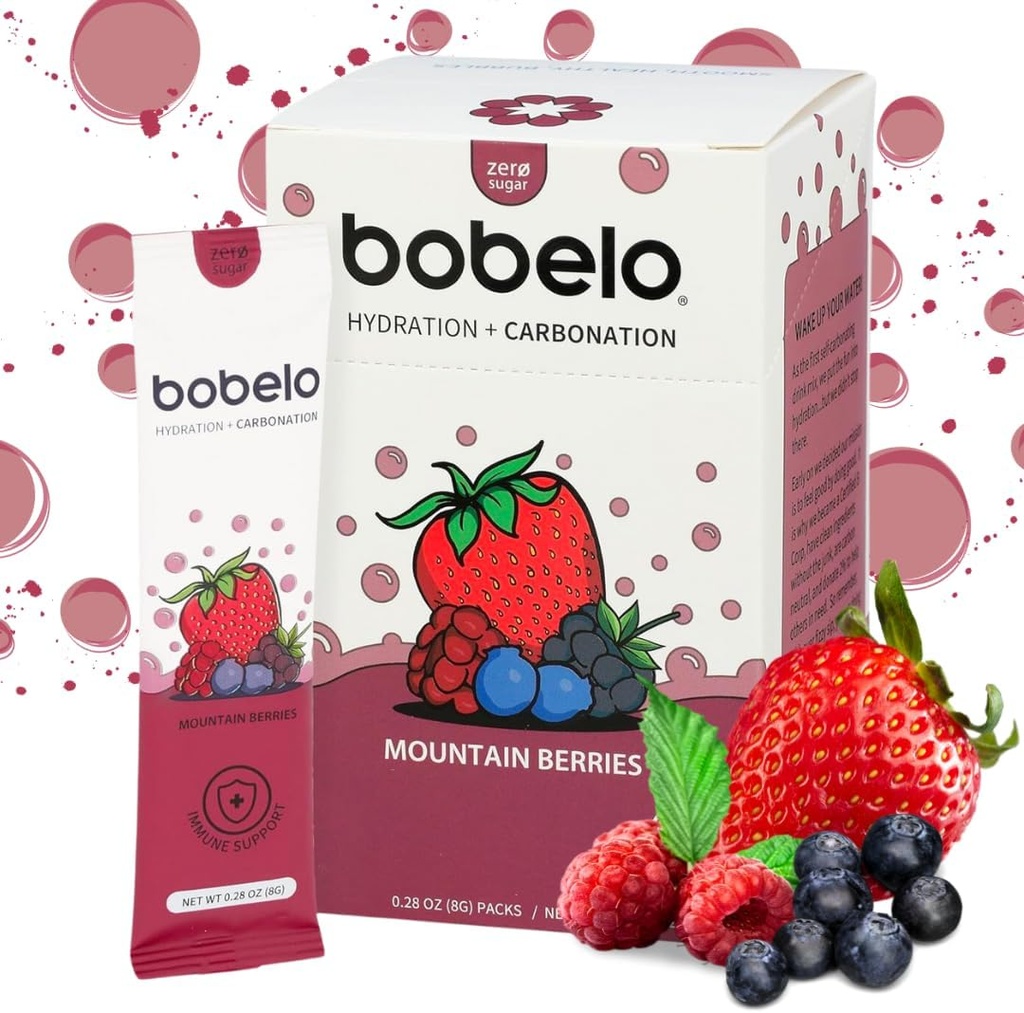 Bobelo Self Carbonating Hydration Packets | Low Calorie Drink Mix, Electrolytes Powder Packets | Keto Friendly, Sugar Free Water Enhancer | Soda & Sparkling Water Alternative | Mountain Berries(30ct)
