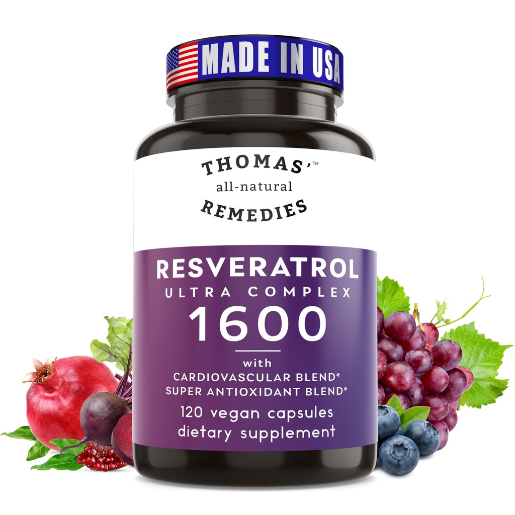 Remèdes tout-naturels de Thomas Resveratrol 1600mg Supplément antioxydant trans-résveratrol biologique avec extrait de graines de raisin biologique et Quercetin- Anti-Age et soutien cardiovasculaire- 120 Capsules