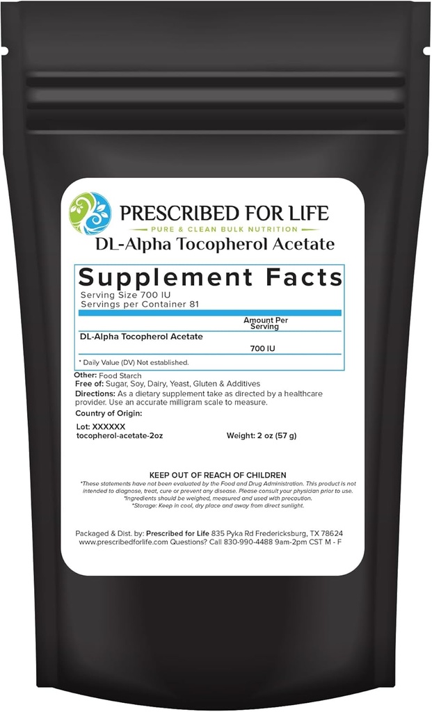 Poudre d'acétate de tocophérol prescrite pour la vie, solution d'eau alpha vitamine E, 700 UI gm poudre, végétalien, sans gluten, non OGM (2oz / 56g)