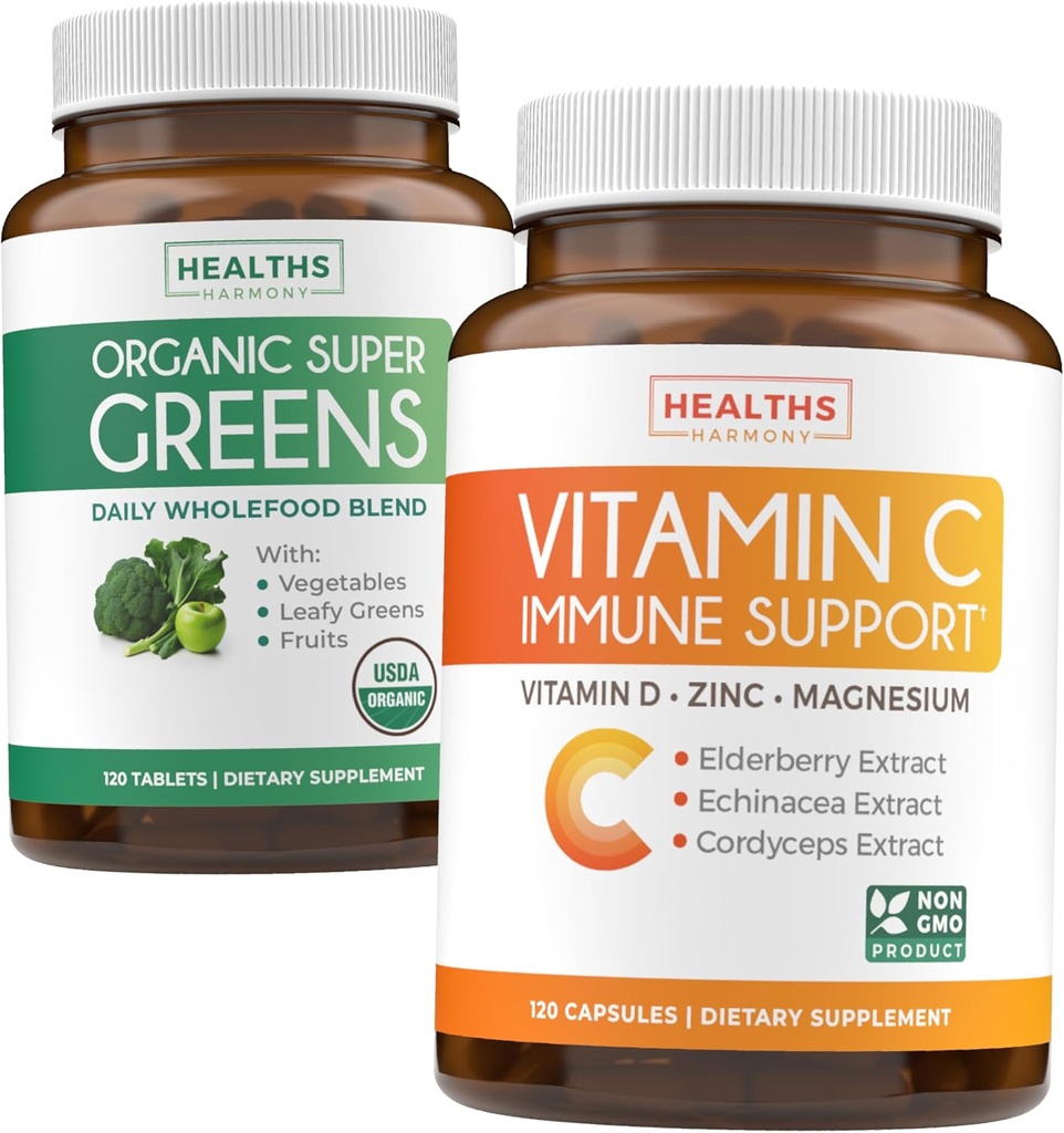 Super Greens & Vitamine C (2-Mois) Super C Greens Bundle of Organic Super Greens Poudre - Superfood Complete (120 Capsules) & Vitamine C Immune Support (120 Capsules végétariennes)