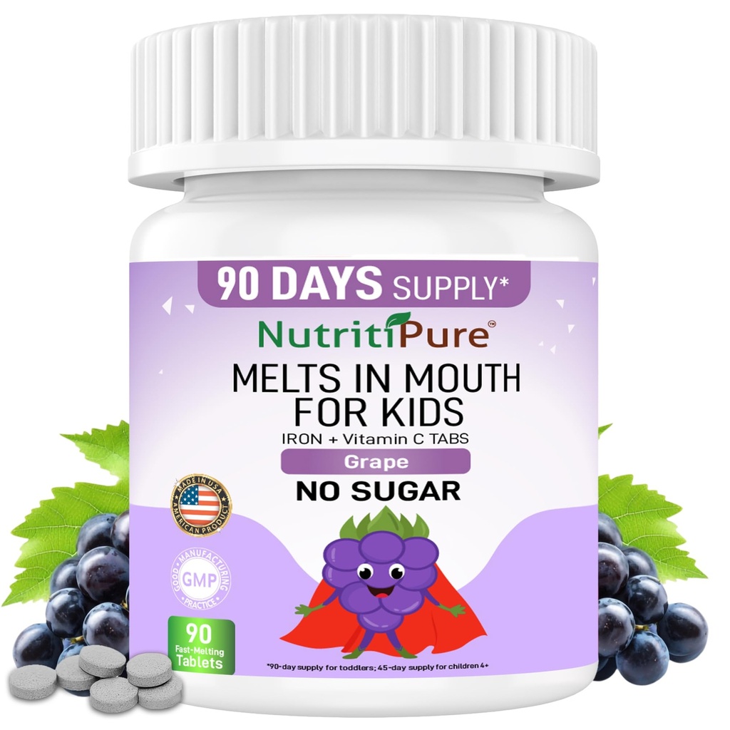 Supplément de fer à croquer pour enfants, Ferronyl® Carbonyl Fer 9 mg, vitamine C 30 mg, arômes de raisin, 90 comprimés (1 bouteille)