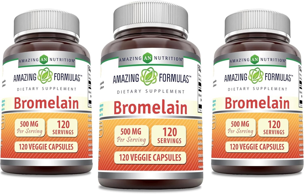 Formules étonnantes Supplément de bromelain (500 Mg) 2400 GDU (120 Capsules de légumes) Non-OGM (sans gluten) Fabriqué aux États-Unis (3 Pack)