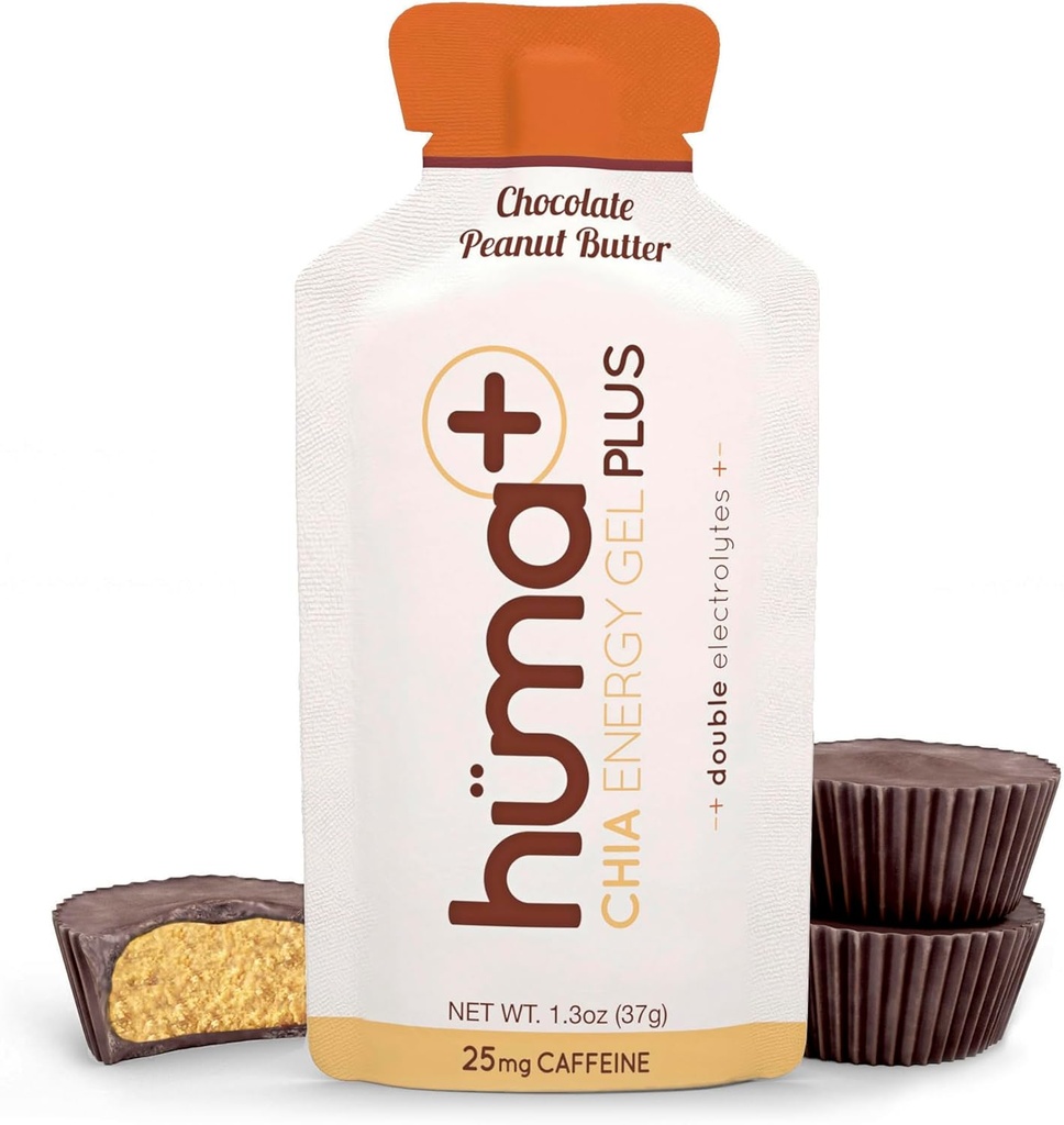 Huma Plus (Double Electrolytes) - Gel Chia Energy, beurre d'arachide au chocolat, 24 gels - Stomach Friendly, Gels d'énergie alimentaire réelle