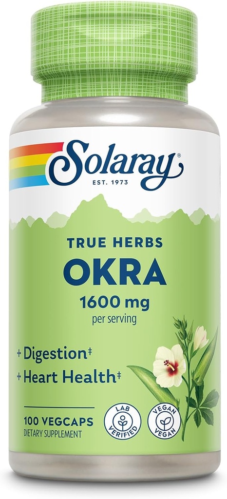 SOLARAY Okra Fruit 1600 mg - Supplément haute fibre pour le bien-être - Source riche de fibre soluble - Équivalent de 6,4 g Okra frais par service, végétalien, garantie de 60 jours - 25 portions, 100 VegCaps