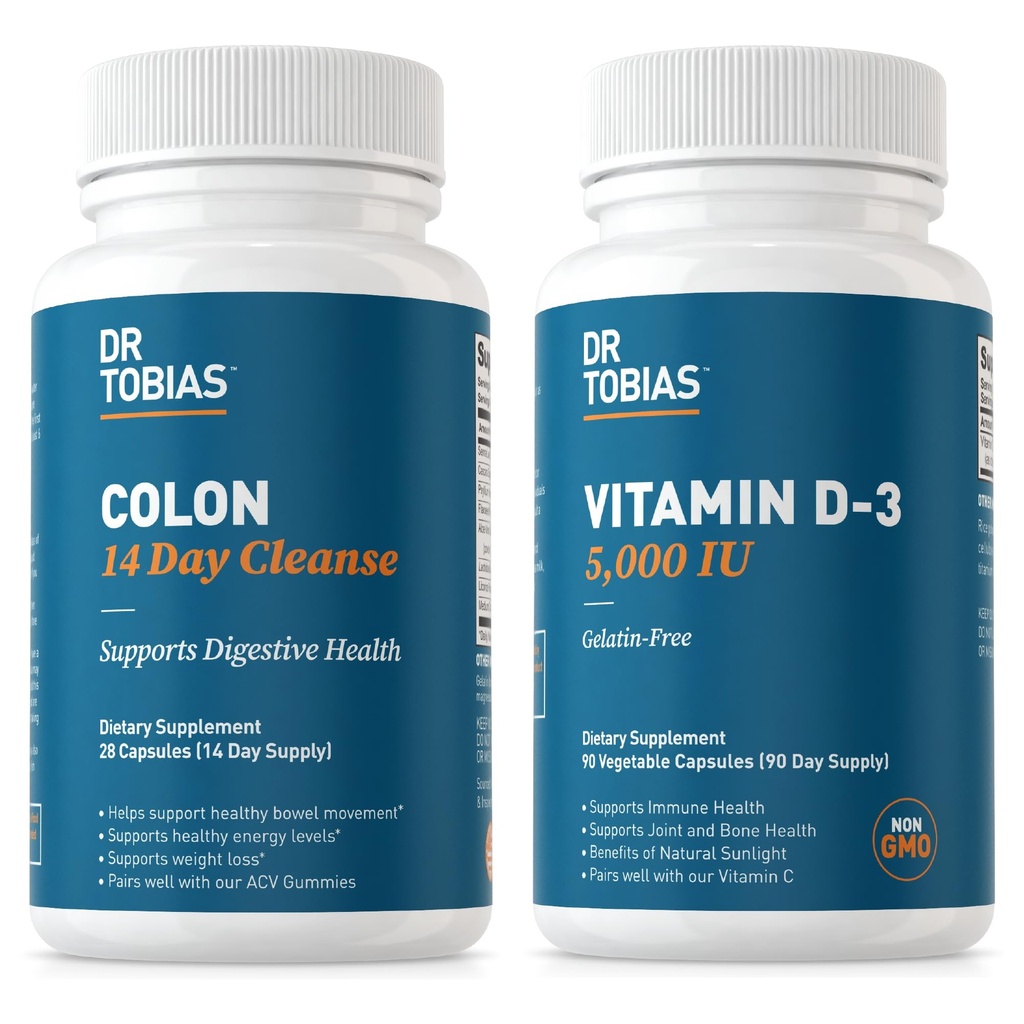 Le Dr Tobias Colon 14 Day Cleanse et Vitamine D3 5000 UI soutiennent la santé globale, le système immunitaire et le système digestif. Nettoyant et vitamine sans OGM pour les hommes et les femmes.