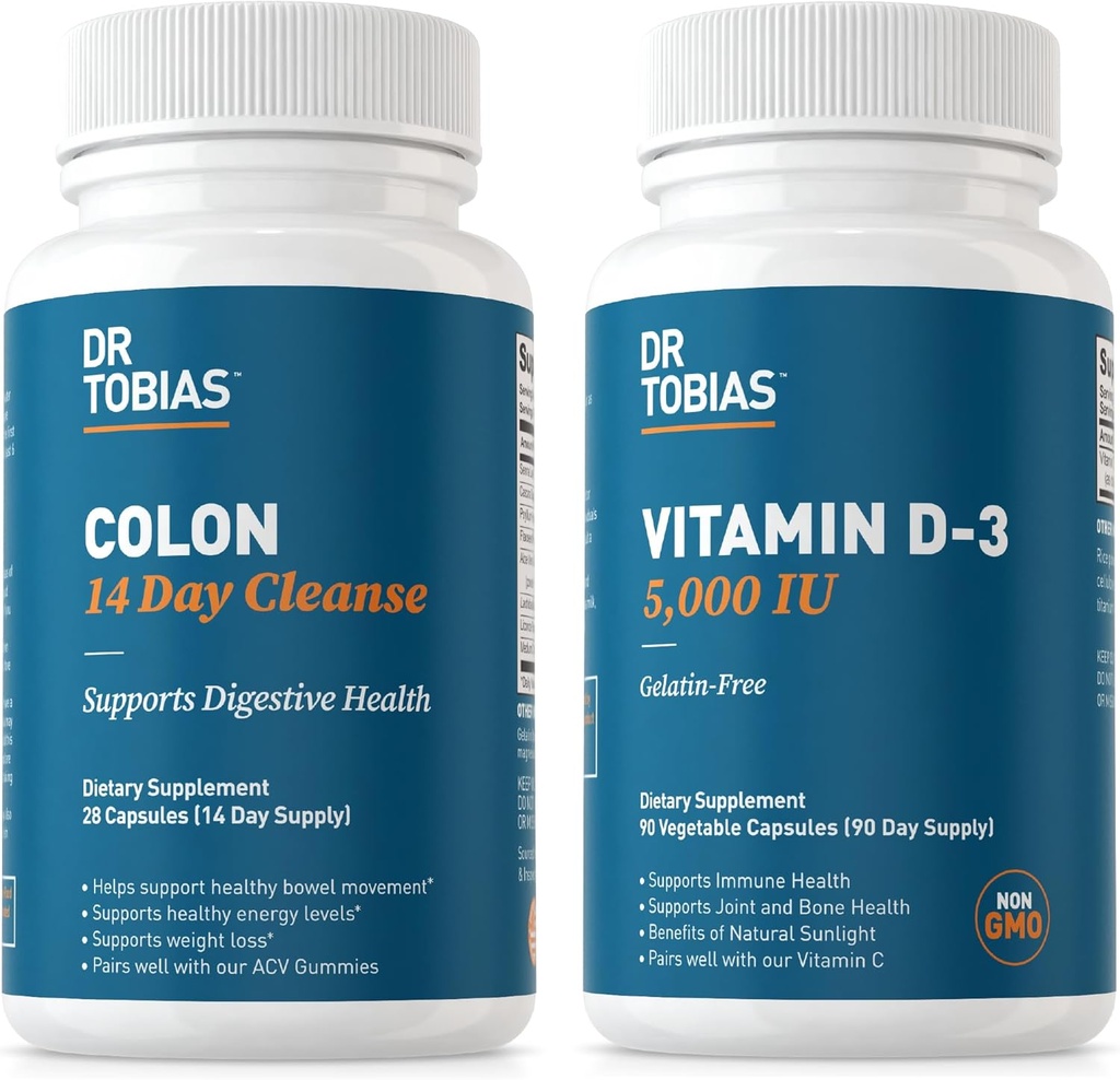 Le Dr Tobias Colon 14 Day Cleanse et Vitamine D3 5000 UI soutiennent la santé globale, le système immunitaire et le système digestif. Nettoyant et vitamine sans OGM pour les hommes et les femmes.