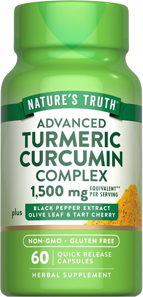 Nature's Truth Curcumin curcuma 1 500 mg 60 Capsules avec extrait de poivre noir, feuille d'olive et cerise de tart.