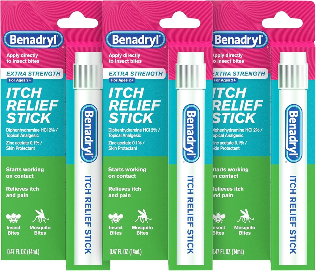 Benadryl Extra Strength Anti-Itch Relief Stick, Bug Bite Delief, Diphénhydramine HCl Topique Analgesic & Zinc Acetate Protection de la peau, Idéal pour Camping Essentials, 0,47 fl oz (Pack de 3)