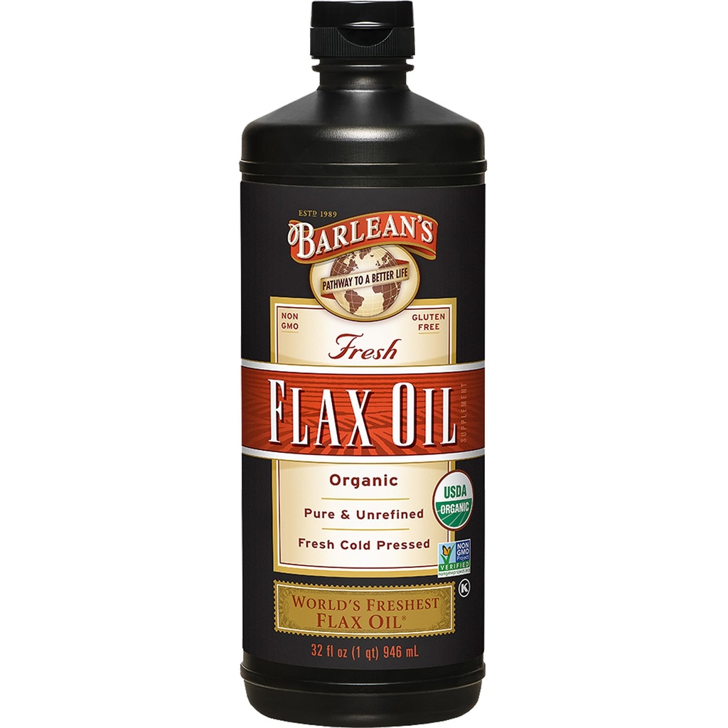 Barlean's Organic Flaxseed Oil Liquid, Cold Press Flax Seeds, 7,640mg ALA Omega 3 Supplément acide gras pour la santé articulaire et cardiaque et la digestion saine, 32 oz