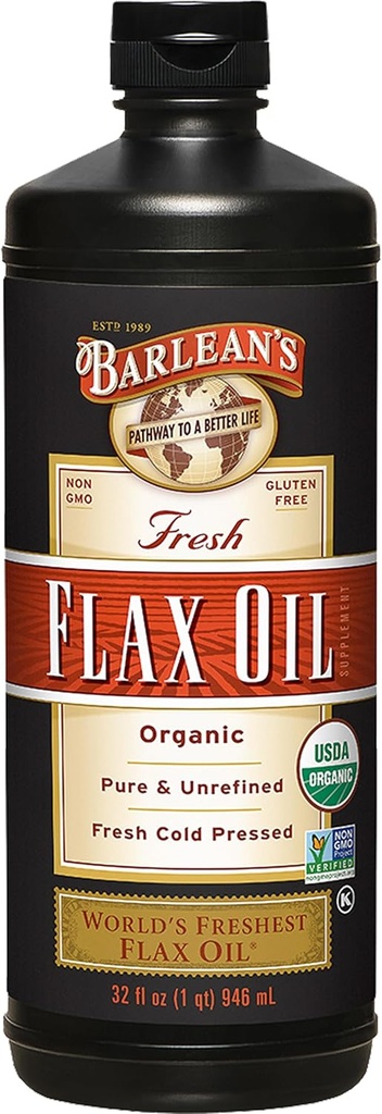 Barlean's Organic Flaxseed Oil Liquid, Cold Press Flax Seeds, 7,640mg ALA Omega 3 Supplément acide gras pour la santé articulaire et cardiaque et la digestion saine, 32 oz