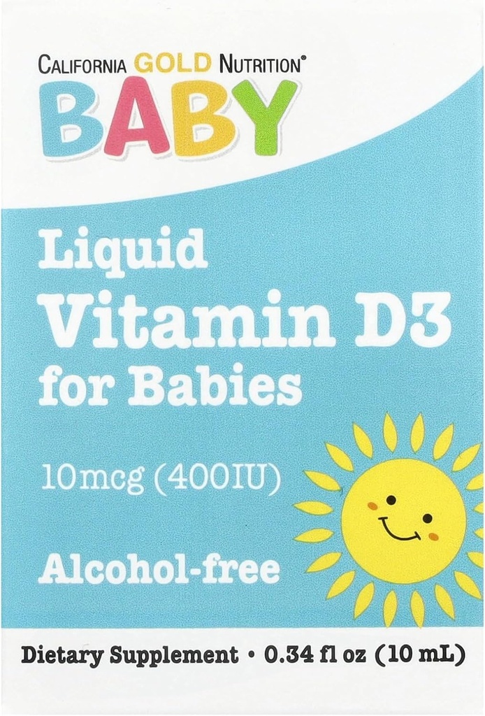 California Gold Nutrition Baby Vitamine D3 Liquid D3 Supplément pour bébés, Végétarien - Soutien au développement - Sans alcool et sans gluten, non-OGM - 10 mcg (400 UI) - 0,34 fl oz (10 ml)