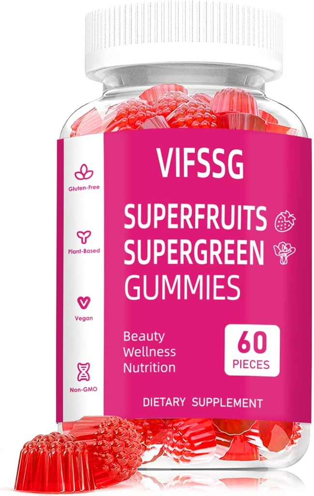 Supplément aux fruits et légumes - Fruits et légumes Gommies (60 gommies), 16 superfruits et 15 légumes, fruits et herbes, fruits et légumes, non OGM, à base de pectine, sans gluten, pas plus de capsules