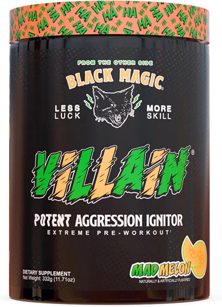 Black Magic Supply Villain High-Stim Nootropic Pre-Workout - Beta-Alanine, L-Tyrosine, & Caféine - Pompe et Focus - 25 Serviettes (Mad Melon)