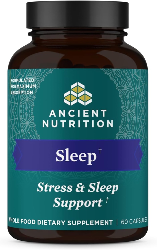 Ancient Nutrition Ashwagandha for Sleep Support, for Stress and Sleep Support, Promotes Mental Relaxation, Gluten Free, Paleo and Keto Friendly, 60 Capsules