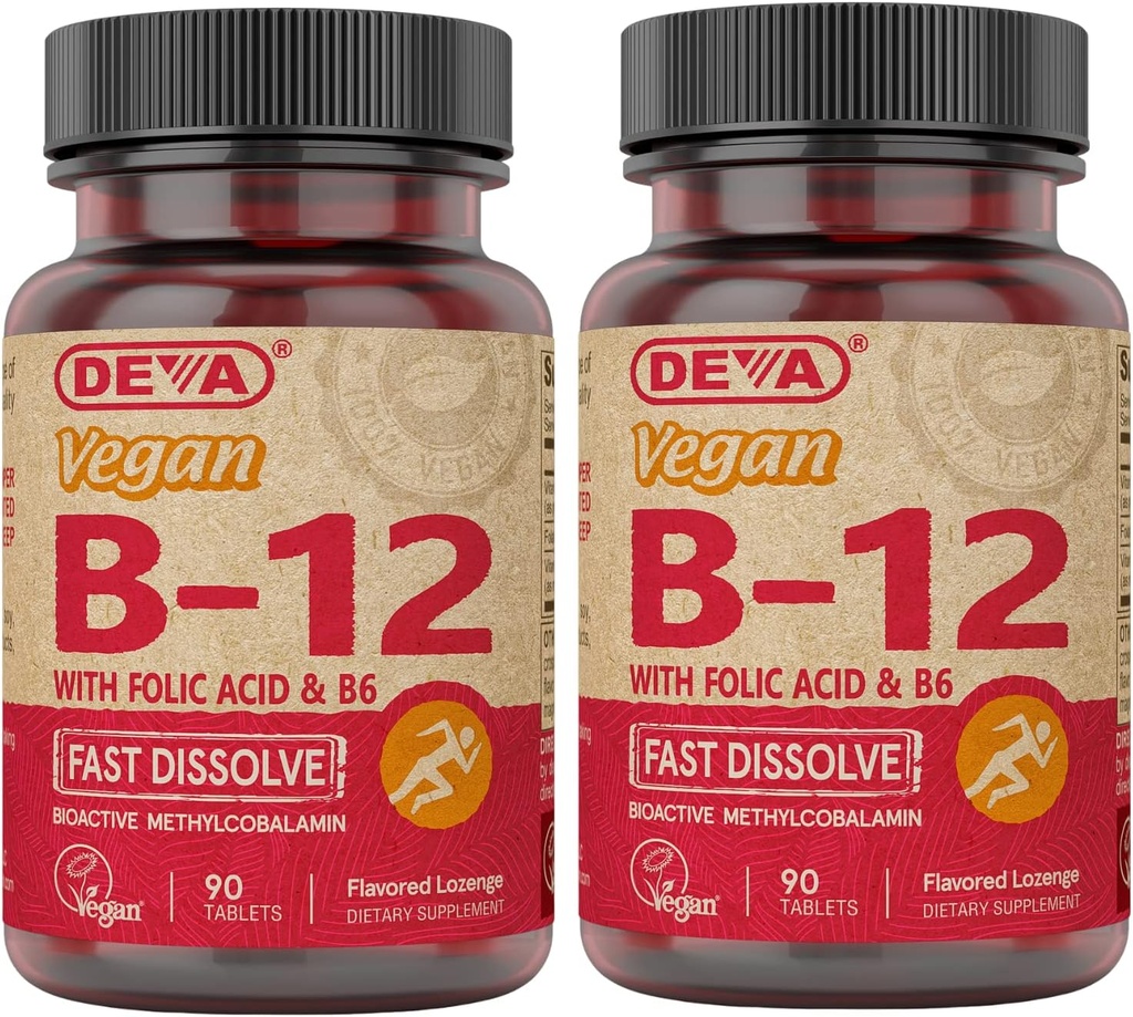 DEVA Vitamine végétalienne B12 Supplément dissolvant rapide - Complexe une fois par jour avec 1000 Mg de méthylcobalamine B12, acide folique, B6 - Saveur de citron - 90 comprimés dissolvables, 2 paquets