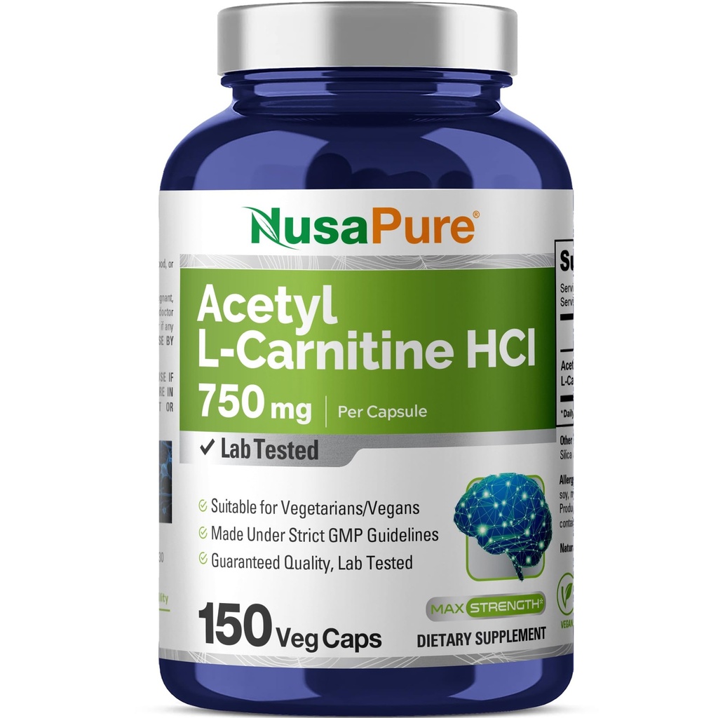 NusaPure Acetyl L-Carnitine 750mg par gélules 150 Capsules de Véggie (non-OGM, végétalien) Forte puissance Acetyl L Carnitine HCL (ALCAR)