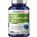 NusaPure Acetyl L-Carnitine 750mg par gélules 150 Capsules de Véggie (non-OGM, végétalien) Forte puissance Acetyl L Carnitine HCL (ALCAR)