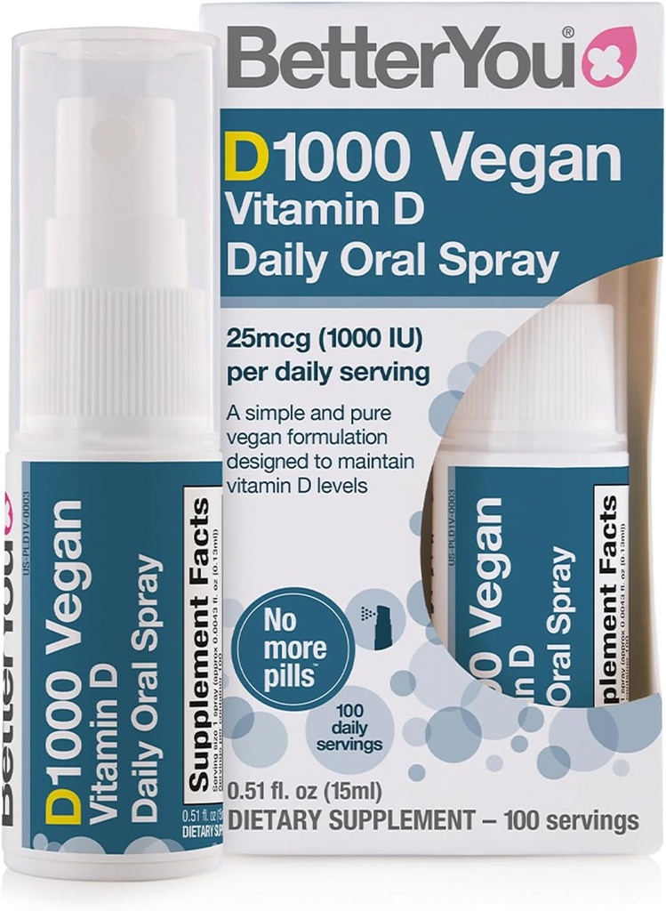 BetterYou D1000 Vegan Vitamine D Spray oral - Alternative pratique pour les comprimés - Plant-Origine - Promotion des os forts, des dents et du système immunitaire - Aide à l'absorption de calcium - 100 doses quotidiennes - 0,5 oz