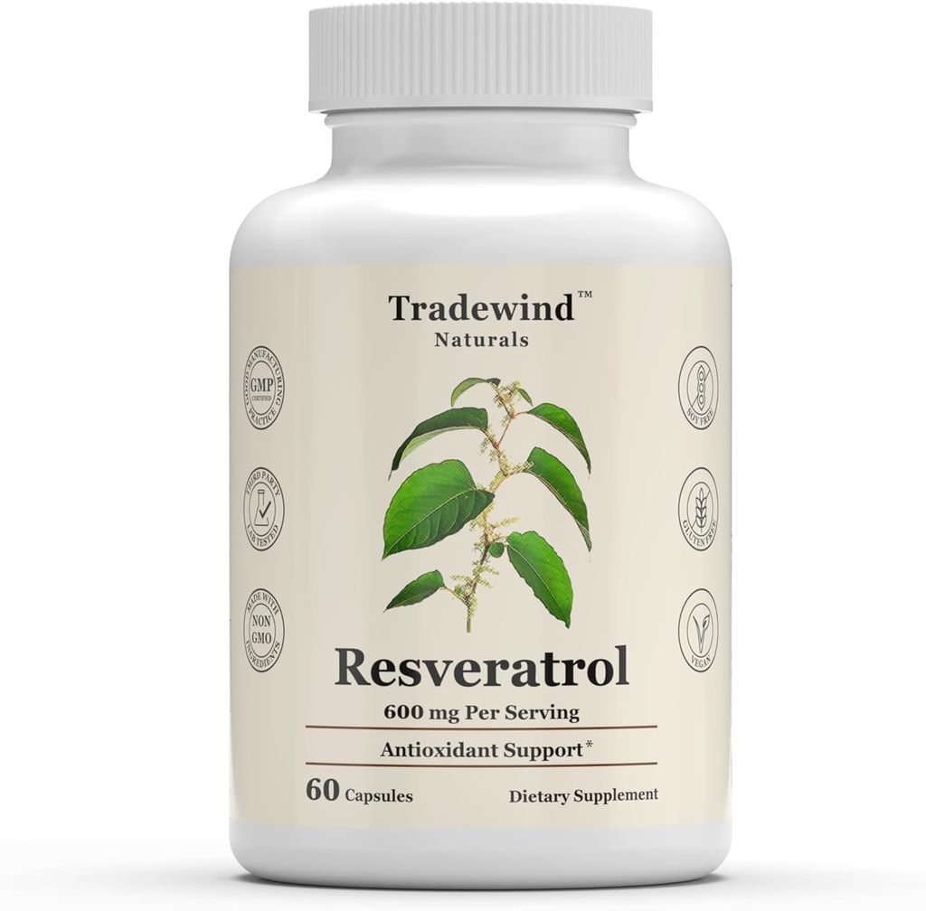 Resveratrol 600mg - Vegan - Non-OGM - Soutenir le vieillissement en santé et la santé cardiovasculaire - Riche en antioxydants - 60 capsules végétales