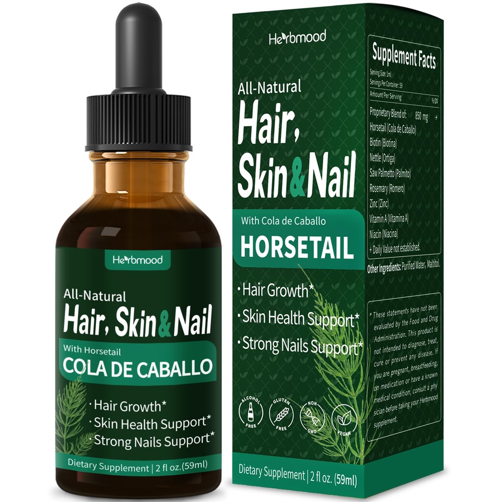 Cheveux, peau et ongles gouttes liquides, Cola de Caballo, Biotina y Romero, Vitamines Gotas para el Cabello Uñas y Piel, Suppléments de croissance des cheveux pour les femmes avec/Extrait rosémaire. 2 oz