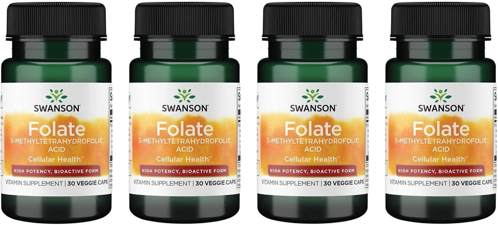 Swanson Folate acide 5-méthyltétrahydrofolique - haute puissance, forme bioactive 800 mcg Dfe 30 capsules de légumes (4 paquets)