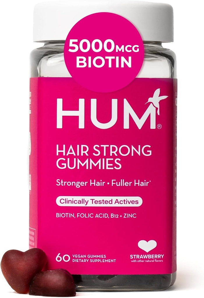 HUM Cheveux Forts Gommies de croissance quotidienne des cheveux avec Biotine, Zinc, Vitamine B12 pour soutenir la croissance, Acide folique et Vitamine B12 Vitamines Gommy pour le soutien des cheveux sains pour les femmes et les hommes, 60 Gommies