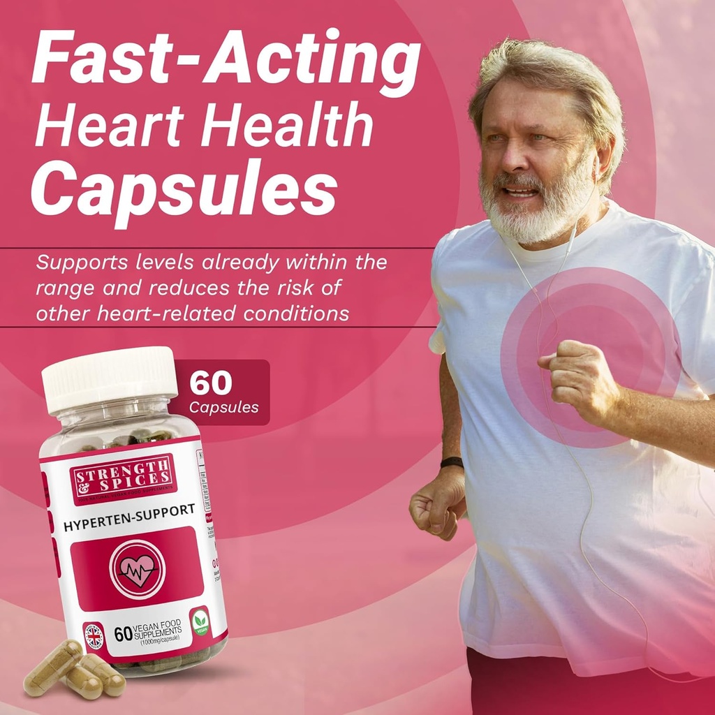 Strength & Spices Hypertensupport Supplément 100% naturel pour le système immunitaire et la santé du cœur – 15 ingrédients w Hawthorn Berry, Graines de raisin et baies - 60 Vegan UK Made 1000mg Capsules