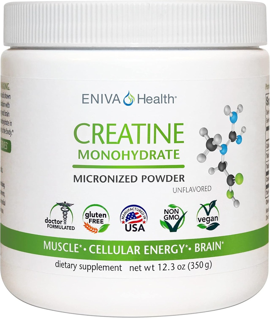 Eniva Santé Créatine Poudre monohydratée, acide amino, poudre micronisée, 70 portions 5 G 12,3 oz, soutien musculaire, croissance musculaire, énergie cellulaire, focalisation cognitive, ultra-pure, qualité pharmaceutique