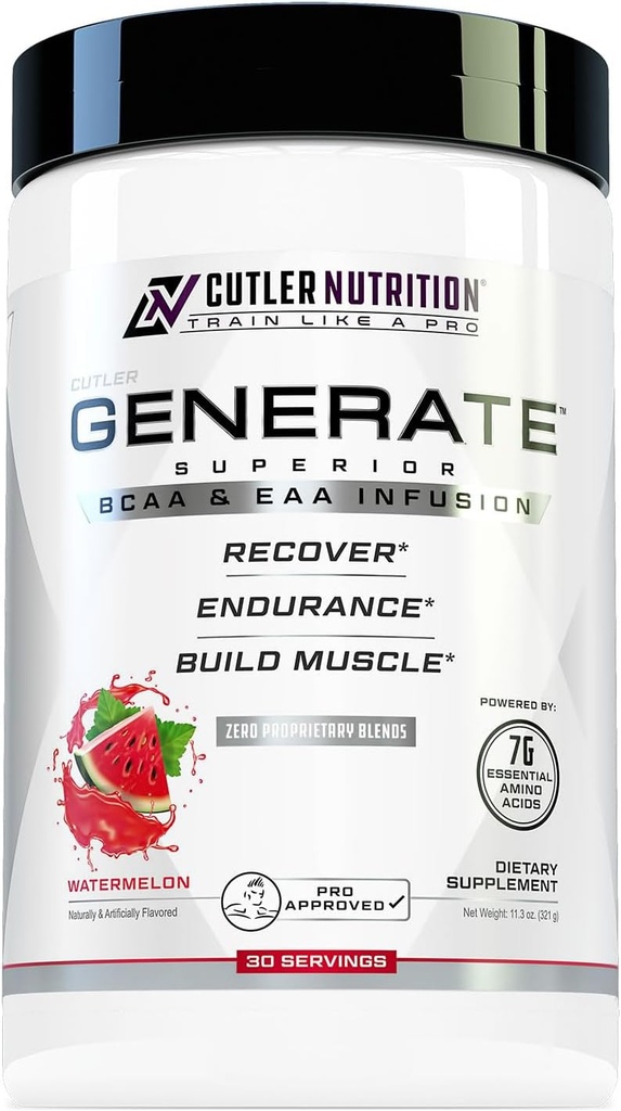 Generate EAA and BCAA Powder: Best Post Workout Recovery Drink and Branched Chain Amino Acids Supplement with Essential Amino Acids, 5g BCAAs, 2g EAAs for Lean Muscle Mass | Watermelon, 30 Servings