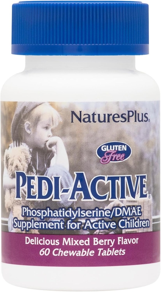 NaturesPlus Pedi-Active LECI-PS, DMAE Complex - 60 comprimés à croquer - Mélange d'arômes de baies - Supplément à croquer pour enfants, favorise la santé du cerveau, focus - végétarien, sans gluten - 30 portions