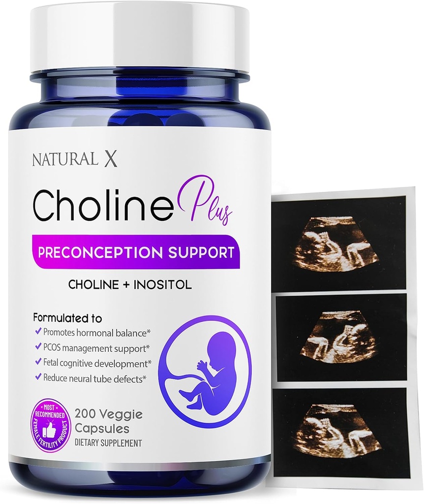 Choline et Inositol Vitamines de préconception pour les femmes - supplément de mélange de fertilité, soutient la grossesse en santé et le développement cognitif des bébés, amélioration de la qualité des oeufs, équilibre hormonal (200 capsules)