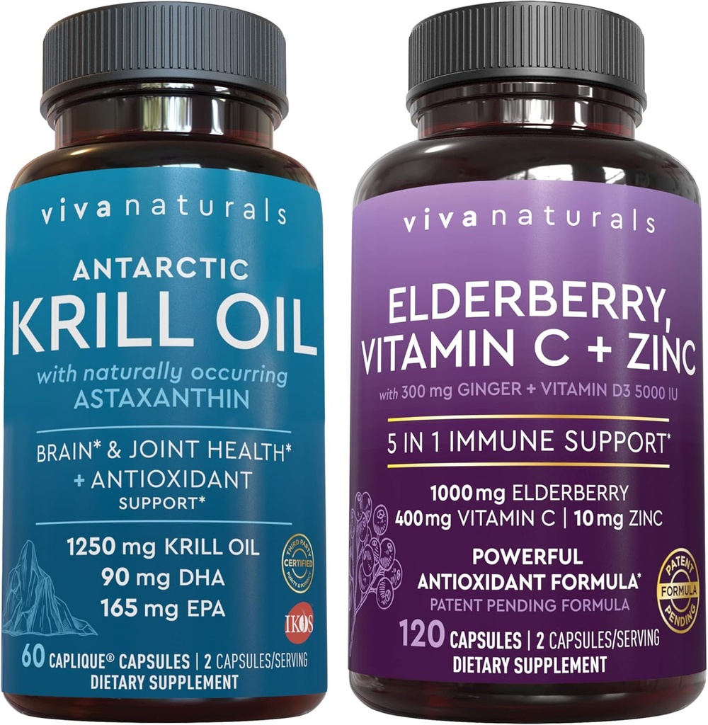Viva Naturals Antarctic Krill Oil and Elderberry, Vitamine C, Zinc et Vitamine D3 5000 UI Bundle, 1250 mg de Krill Oil Fournissant Omega 3 EPA et DHA pour la santé conjointe, Elderberry for Immune Support