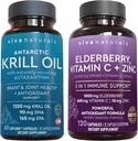 Viva Naturals Antarctic Krill Oil and Elderberry, Vitamine C, Zinc et Vitamine D3 5000 UI Bundle, 1250 mg de Krill Oil Fournissant Omega 3 EPA et DHA pour la santé conjointe, Elderberry for Immune Support