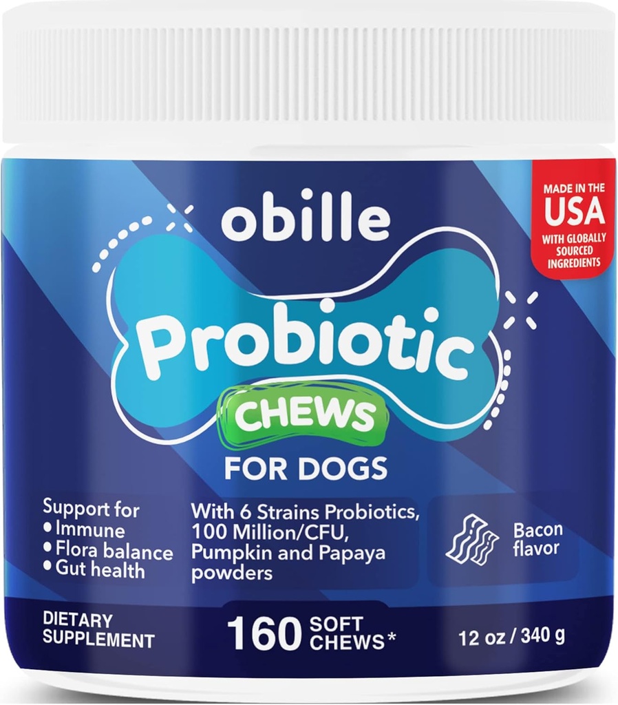 Probiotiques pour chiens 160 Chews 12 oz – Soutiens Gut & Digestion Santé, Système immunitaire, Estomac et Gaz, Métabolisme, Constipation, Diarrhée & Tabouret Loose, Peau Itchy et Ors & Allergies