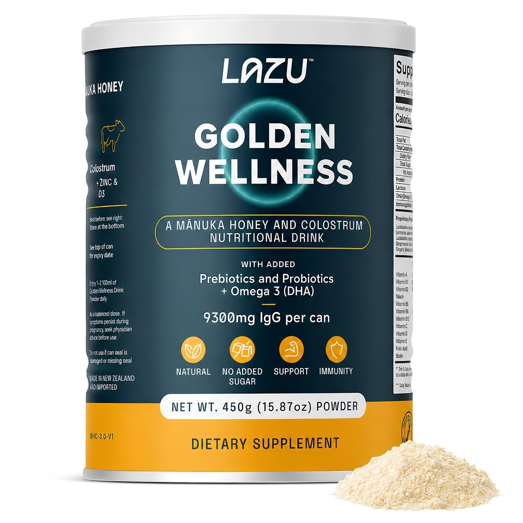 Lazu Golden Wellness Colostrum Supplement,Grass-Fed Bovine Colostrum Powder (310mg IgG & lactoferrin), NZ Monofloral Manuka Honey (200MGO), Vitamins Promotes Gut Health & Athletic Performance - 450g
