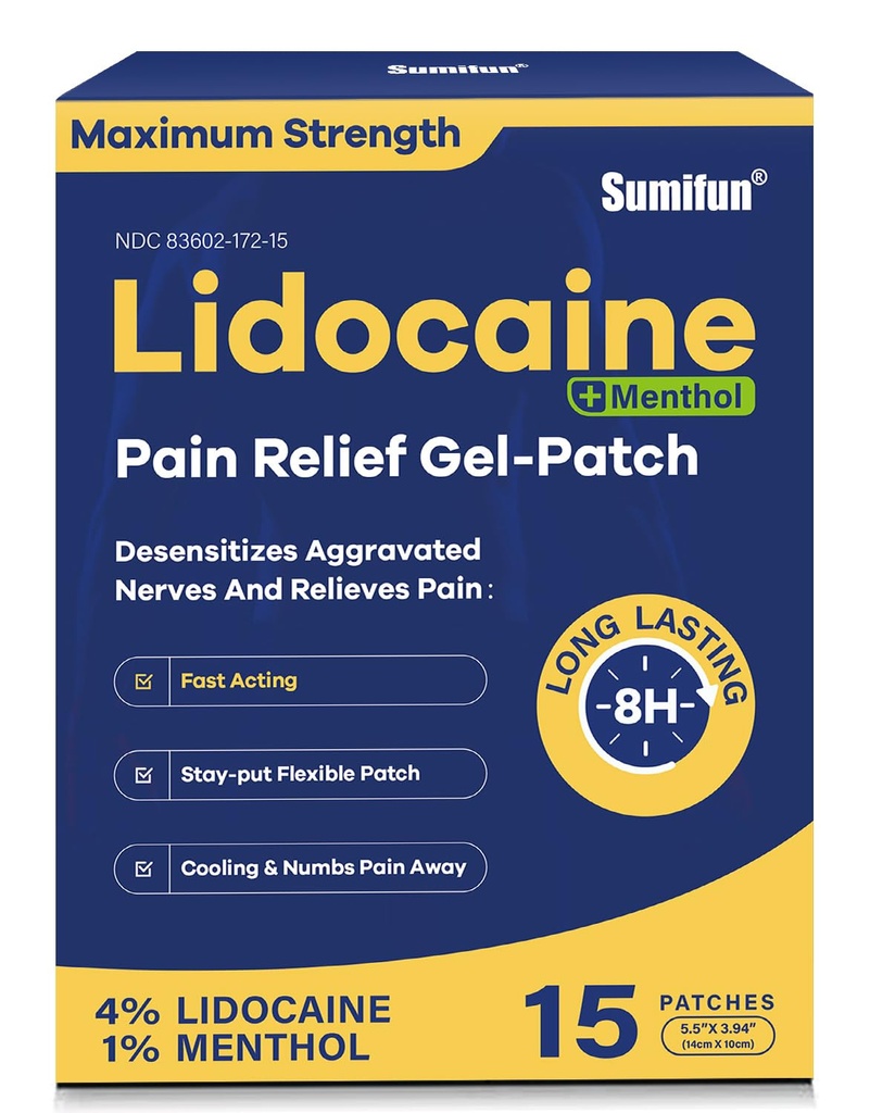 Sumifun 4% Patches Lidocaine Plus 1% Menthol - 15 Compte de la force maximale OTC Pattes de soulagement de la douleur pour le dos Ache Col raide Douleurs musculaires Douleurs musculaires Sujet Analgésique