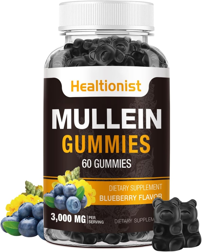 1 Pack sans sucre Mullein Gummies - Lung Cleanse, 3000MG Mullein Supplément pour les gouttes de Mullein Respirant, Organique Gummy avec Quercetin et Bromelain pour Lung, Digestive Health & Immune 90Ct