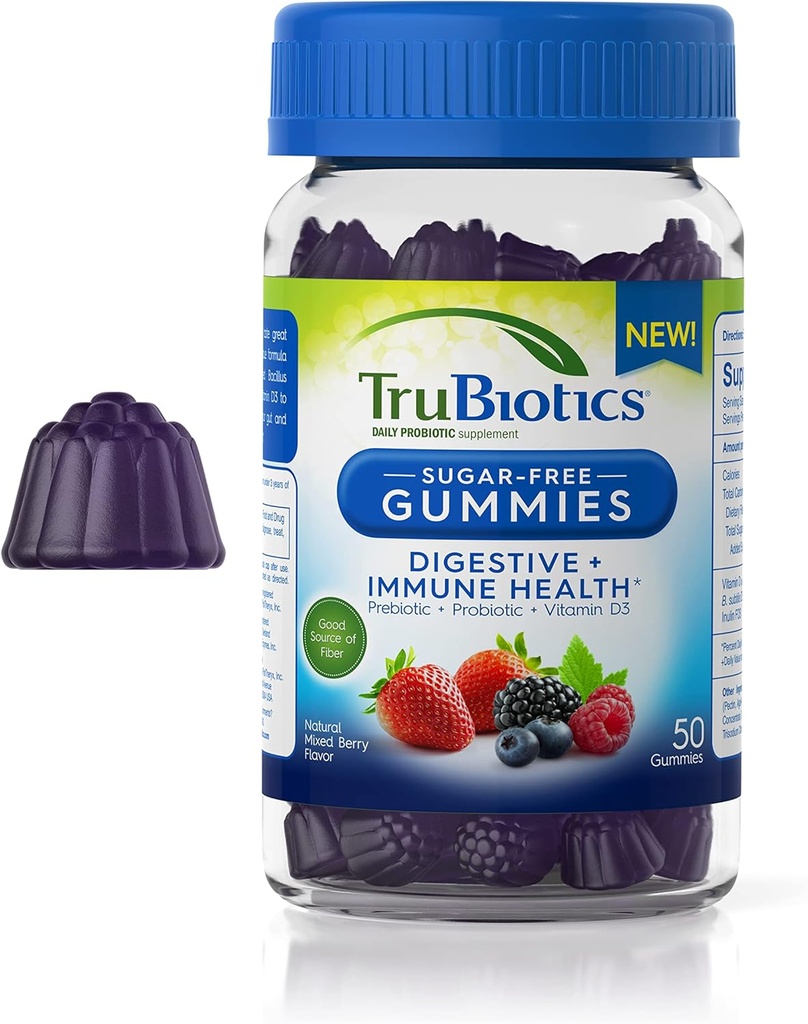 TruBiotics Gommies probiotiques avec prébiotiques et vitamine D3, Gommy sans sucre pour les hommes et les femmes de la santé digestive et immunitaire, soutient la régularité et aide à soulager les troubles abdominaux mineurs, 50 Gommies