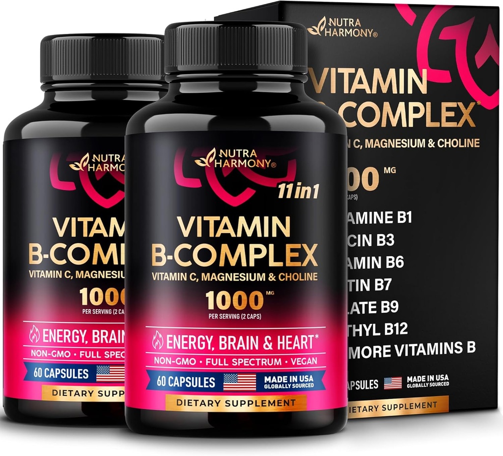 Complexe Vitamine B pour les hommes et les femmes - Fabriqué aux États-Unis - 11-en-1 B-Complexe: B1, B2, B3, B5, B6, B7, B8, B9, B12 avec vitamine C, Choline, Inositol - Supplément énergie, cerveau et soutien cardiaque - Pack de 2